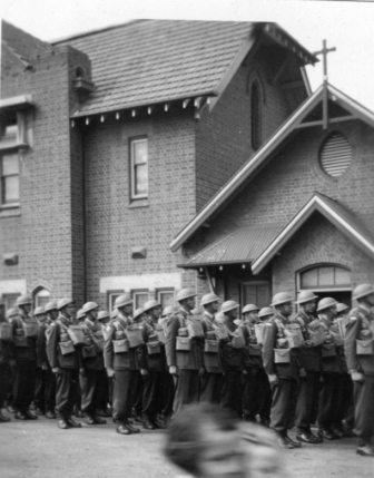 Men of the 3rd Battalion on parade in front of a building in Bathurst in October 1941. Image courtesy of Gavin Young.