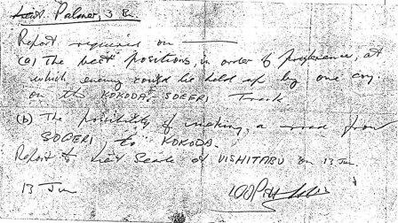 Copy of the handwritten instructions to Alex Palmer for the patrol, 1942. Image courtesy of Gavin Young. Copy of the handwritten instructions to Alex Palmer for the patrol, 1942. Image courtesy of Gavin Young.