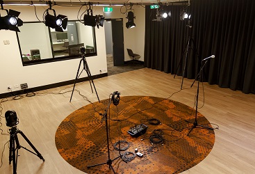 Recording and rehearsal studio from the back