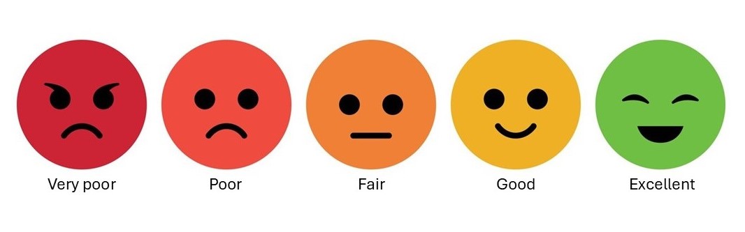 Image shows a scale of faces symbolising very poor, poor, fair, good, and excellent.